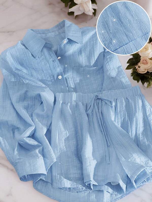 SHEIN 2pcs Women Shiny Sequin Short Sleeve Shirt And Wide Leg Shorts Set, Lightweight Casual Outfit For Summer