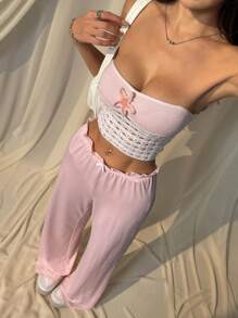 SHEIN EZwear 女士纯色长裤，夏季时尚 - 粉色 - 查看 4