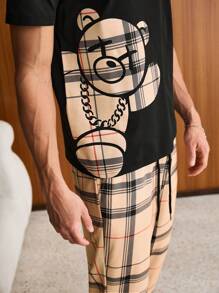 SWAVVY Hombres Camiseta con estampado de oso & Pantalones de cuadros de cintura con cordón
