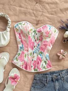 Soleia Women's Retro Floral Jacquard Halter Cropped Top With Back Tie Closure Summer - Multicolor - View 4