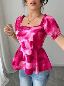 Elenzga Áo thun nữ tay bồng xếp nếp in hoa thanh lịch, eo thắt eo - Màu Hồng Tươi - Xem 3