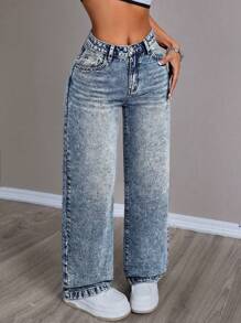SHEIN PETITE Women's Casual Washed Loose Straight Leg Jeans ,Petite Women - Medium Wash - View 6