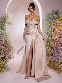 Glamrae Elegant Khaki Satin Knitted Strapless Tube Ball Gown,Luxury Sequin Patchwork Ruched Waisted Side Slit Fishtail Hem Train,Wedding Guest Formal Event - Khaki - View 2