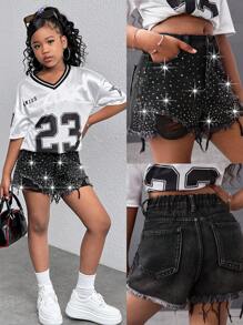 Ragazze pre-adolescenti Y2K Primavera Estate Rottura Pantaloncini di jeans mini basic con vita alta, strass e orlo grezzo, Pantaloncini da spiaggia boho per ragazze per vacanze estive, Outfit casual da concerto e festival estivi, Outfit da brunch estivo, chiesa e laurea per ragazze, Streetwear, Outfit per il ritorno a scuola