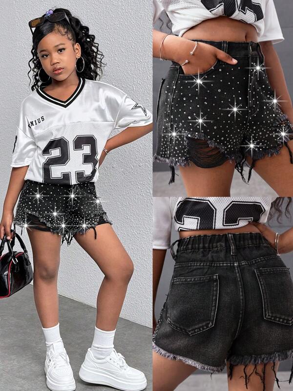 Pantaloncini di jeans mini con vita alta, strass, strappi, orlo grezzo per ragazze adolescenti, stile Y2K, adatti per primavera/estate, spiaggia, vacanze, concerti, festival casual, rave, brunch estivi, chiesa, cerimonie di diploma, streetwear, ritorno a scuola