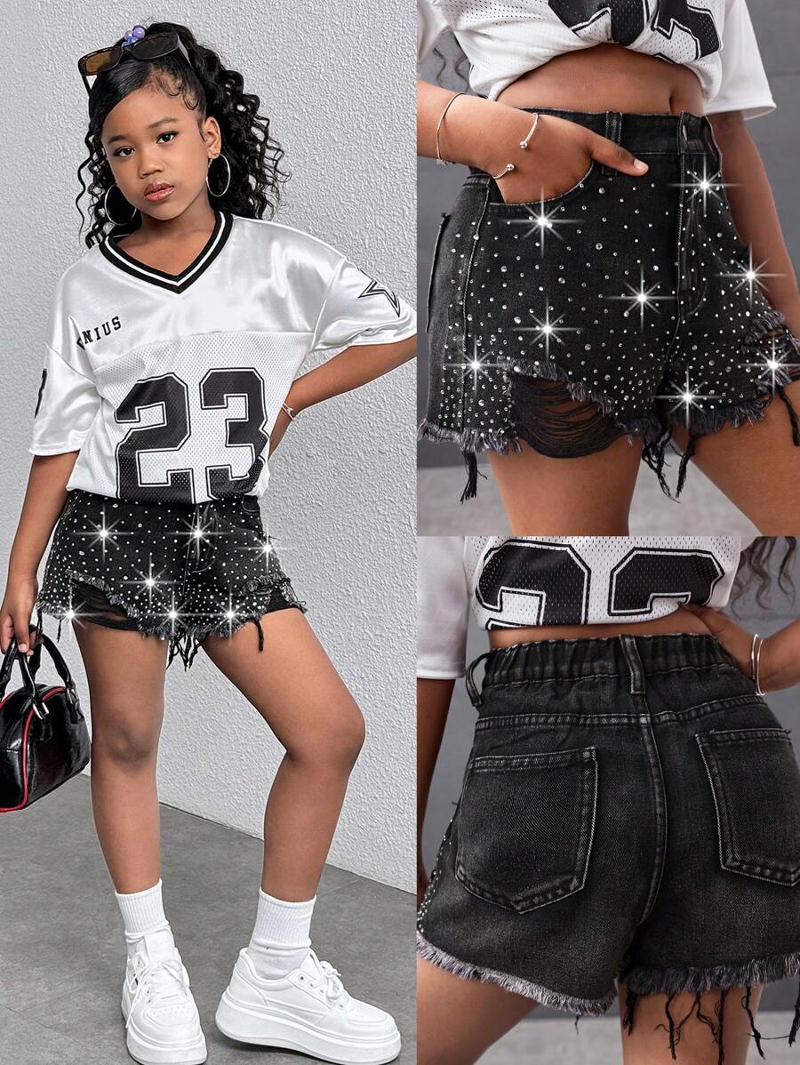 Ragazze pre-adolescenti Y2K Primavera Estate Rottura Pantaloncini di jeans mini basic con vita alta, strass e orlo grezzo, Pantaloncini da spiaggia boho per ragazze per vacanze estive, Outfit casual da concerto e festival estivi, Outfit da brunch estivo, chiesa e laurea per ragazze, Streetwear, Outfit per il ritorno a scuola