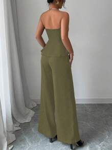 Elenzga 2件套休闲拼色吊带背心和裤子套装，夏季