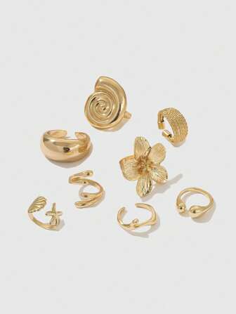 Goth 8pcs/Set Fashion Ocean Style Rings, Shiny Starfish Shell Flower Geometric Metal Open Rings, Gold, Gifts For Women/Daughter/Wife