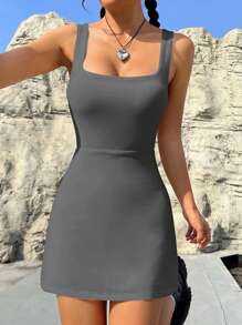 SHEIN EZwear Vestido de verano ajustado de espalda baja con unicolor para mujer - Gris - Ver 4