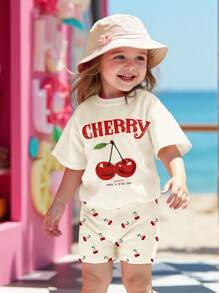 SHEIN Baby Girl Cute Cherry Pattern Casual Minimalist Round Neck Short Sleeve T-Shirt & Tight Shorts Set, Suitable For Spring/Summer