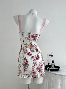 SHEIN Unity Đầm ôm body mini dây mảnh in họa tiết hoa có nhún bèo, tôn dáng - trắng - Xem 2