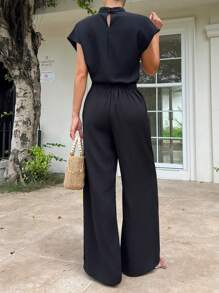 SHEIN PETITE Elegant, avslappnad, svart, vävd, rund halsringning, ärmlös damskjorta, svarta, vävda, vida benbyxor, 2-delat set för kvinnor - Svart - Visa 2