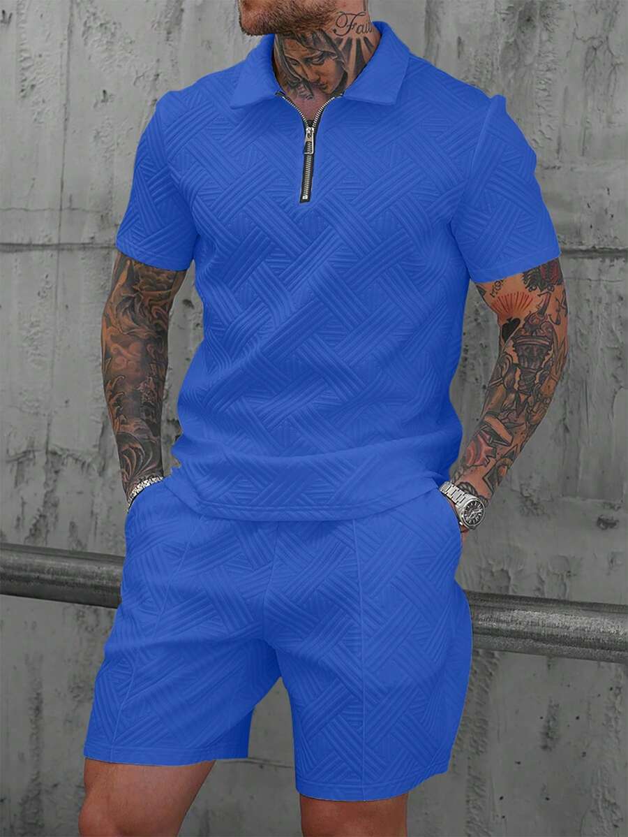 Manfinity Homme Men's Fashionable 3D Textured Casual Polo Set - Blue - View 1