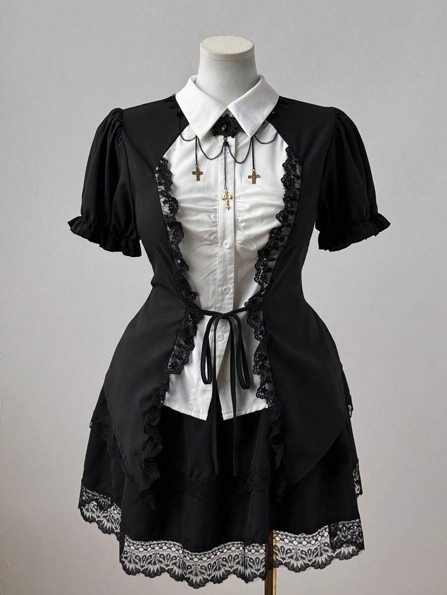 Sunspun Plus Size Plain Short Sleeve Shirt, Fashionable For Summer - Black and White - View 1