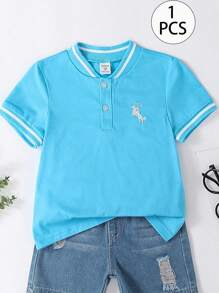 SHEIN Explorewe 男童休闲运动校队刺绣短袖 Polo 衫，适合学校、派对和家居穿着，适合春夏季，男童 Polo 衫套装，蓝色