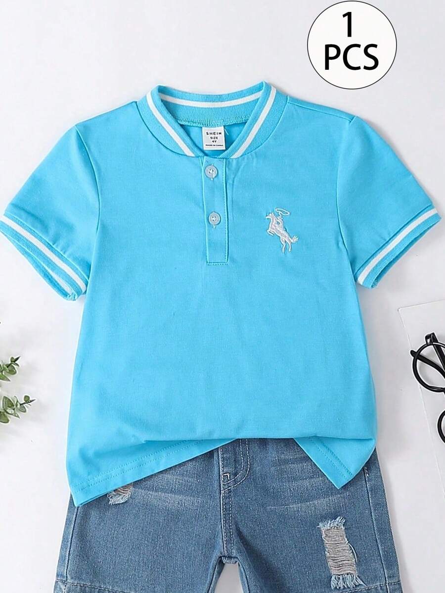 SHEIN Explorewe 男童休闲运动校队刺绣短袖 Polo 衫，适合学校、派对和家居穿着，适合春夏季，男童 Polo 衫套装，蓝色