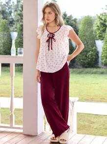 Dream Adore Conjunto de pijama con top de corbata al frente y pantalones con estampado de lunares y cuello contrastante con moño para mujer