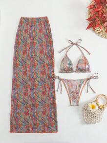 Swim EVENT 3pcs Women Swimwear Set: Random Print Halter Neck Tie Three-Piece Bikini Top, Side Tie Bottoms, And Snakeskin Print Mesh Maxi Cover Up Dress, Sexy Fashion Beachwear For Pool Party, Music Festival For Summer Beach Vacation - Multicolor - View 7