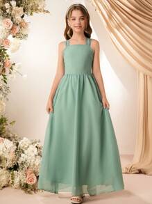少女法式腰带 A 字裙，派对婚礼优雅花童伴娘度假连衣裙 - 綠色 - 查看 6