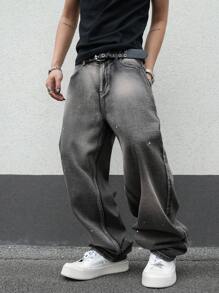 Manfinity EMRG Men's Casual Street Washed Loose Straight Leg Jeans With Slant Pockets - Multicolor - View 4