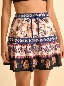 CAJUNI Váy ngắn đi biển mùa hè họa tiết hoa nhiệt đới Boho cho nữ cạp chun viền nhún - Nhiều màu - Xem 8