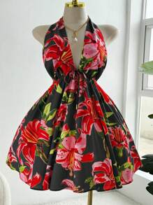 Celure Plus Size Halter Tied Allover Print Sexy Holiday Dress - Black - View 3