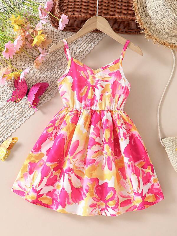 SHEIN Rochie camisol cu imprimeu floral și imprimeu floral pentru fete tinere, potrivită pentru petrecere, plajă, vacanță de vară