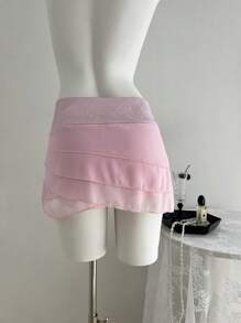 SHEIN Unity Sexy Asymmetrical Layered Ruffle Patchwork Jacquard Vacation Style Shorts For Women - Pink - View 2
