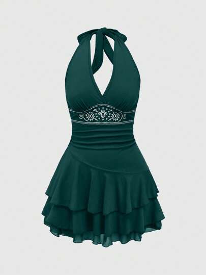 Hippie Robe courte sans manches avec ourlet superposé, décorée d'un motif brodé de soleil hippie pour femmes