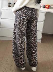 13 岁及以上青少年中性豹纹修身直筒牛仔裤，百搭经典 5 口袋款式，松紧腰带，拉链和纽扣闭合，适合音乐节、街头服饰、休闲、复古、街头风格，全年穿着