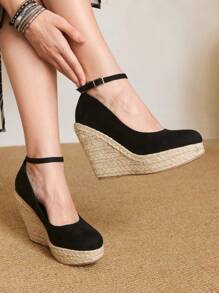 Styleloop Women's Fashion Black Suede Material Ankle Strap Rope Sole Casual Low Vamp Waterproof Platform One-Buckle Wedge Heel Pumps, Versatile For Commute, Date, Party, Holiday, Music Festival, Bohemian Style - Black - View 6