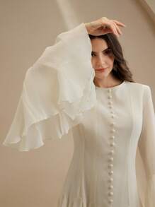 Anewsta Elegant Beige Long Sleeve A-Line Dress With Button Decor Bell Sleeves Party Autumn - Apricot - View 6