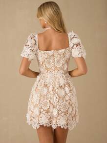 Enchnt 春夏浪漫女士夏季短袖蕾丝透视性感镂空领口优雅迷你连衣裙，甜美优雅，适合度假、约会、节日、派对、毕业典礼、婚礼宾客和海滩，舞会礼服，女士夏季连衣裙，女士太阳裙，夏季服装，优雅的派对连衣裙 - 白色 - 查看 7