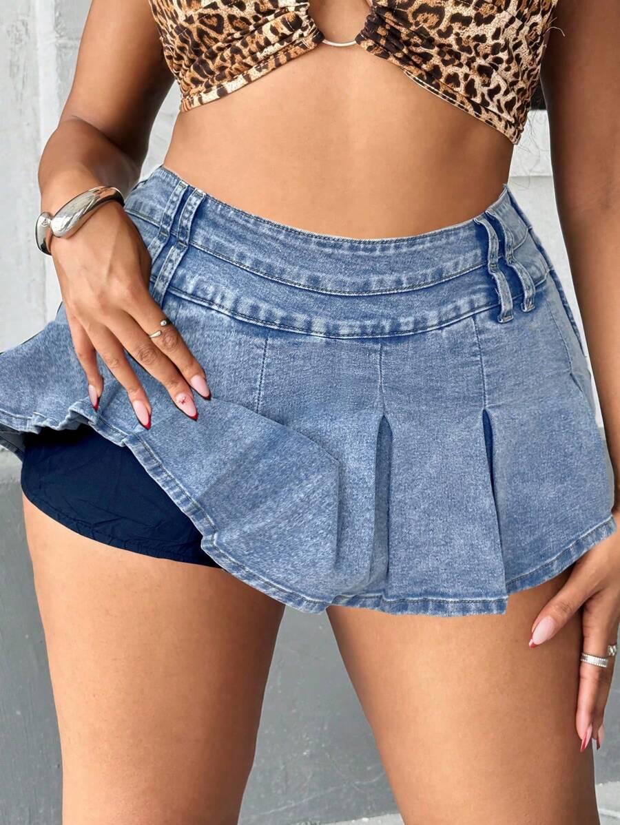 SHEIN ICON Mini gonna di jeans taglie forti, gonna fasciante in vita bassa con pieghe, abiti estivi da donna per il 4 luglio, vacanza, stile cowgirl, casual elegante per donna, per festival, aeroporto, laurea, Ibiza, spiaggia, Hawaii, concerti, crociera, stile boho