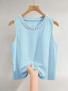 INAWLY Women's Elegant Pearl Decor Tank Top, Summer - Baby Blue - View 3