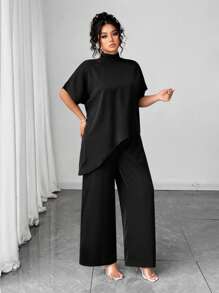 Elenzga مجموعة بنطلون وبلوزة للنساء ذوات الأحجام الكبيرة، ملابس علوية بياقة عالية وأكمام قصيرة مع حافة غير متماثلة، وبنطلون بساق واسعة باللون الأحادي، 2 قطعة