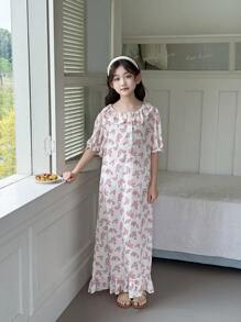 SHEIN 青少年女孩简约碎花图案彼得潘领半拉链泡泡袖荷叶边下摆宽松舒适睡袍 - 淺粉色 - 查看 3