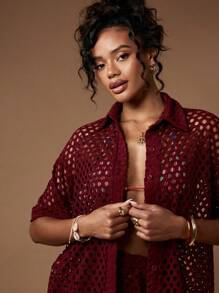 MISSGUIDED Crochet Shirt And Shorts Two Piece Co Ord Beach Set - Redwood - View 5