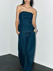 Lumivelle 女式休闲露背短款牛仔衬衫，夏季 - 深色水洗藍 - 查看 3