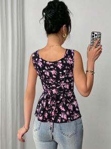 Breezaya Blusa sin mangas de cuello con cordón y estampada, plegable para mujeres - Negro - Ver 2