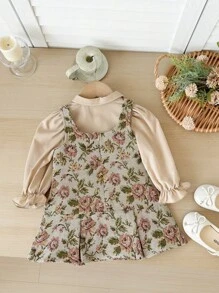 SHEIN 女婴优雅可爱卡其色长袖碎花衬衫裙套装 - 卡其色 - 查看 6