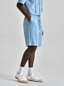 Ontre 2025 Summer Men Solid Color Elastic Waist Drawstring Pockets Cargo Shorts, American Flag Print Shorts Suitable For Independence Day, St. John's Day, Graduation Occasions, Casual Daily Wear, Cute Summer Shorts For Men, Vacation, Beach, Leisure, Sports - Blue - View 4