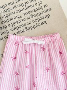 SHEIN 女婴休闲舒适百搭可爱粉色蝴蝶结设计裤子 - 粉色 - 查看 4