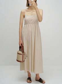 INAWLY Women's Solid Color Minimalist Linen-Look Long Dress, Brown - Brown - View 4