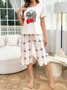 SHEIN 豹纹苹果蝴蝶结装饰短袖和短裤睡衣套装女士睡衣套装夏季女士睡衣套装女士睡衣套装夏季家居服女士睡衣 - 彩色 - 查看 4