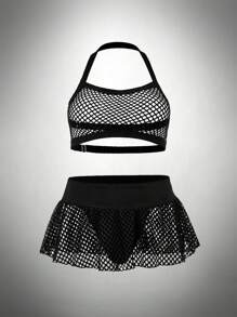 AltCore 3pcs/Set Plus Size Solid Color Hollow Out Sheer Halter Lingerie Set - Black - View 1