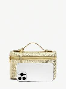 SHEIN SXY Ladies, Women Top Handle Bags ,Woven Bags, Fashionable, Simple, Elegant, Versatile, Classic, Woven PU,Red Bag,Metal Padlock Decoration,For Commute, Office,Date, Daily,Shopping, Afternoon Tea - Gold - View 5