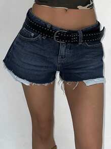 DAZY 女士毛边短款牛仔裤，街头风，春夏牛仔短裤，低腰牛仔短裤 - 深色水洗藍 - 查看 3