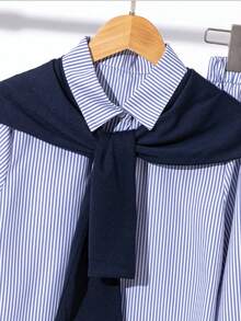 3pcs Tween Girls Striped Long Sleeve Shirt + Wide Leg Striped Pants + Shawl Casual Set Fall Winter - Navy Blue - View 4