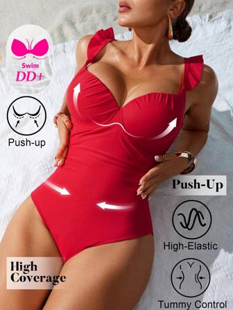 Swim DD+ 1pc Women's Summer Sexy Wire-Rimmed Gathering Solid Color Ruched Strap Wrinkled Chest Slimming One-Piece Swimsuit Red